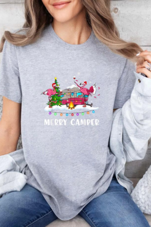 Camping RV Santa Wine Merry Camper Flamingo T-Shirt